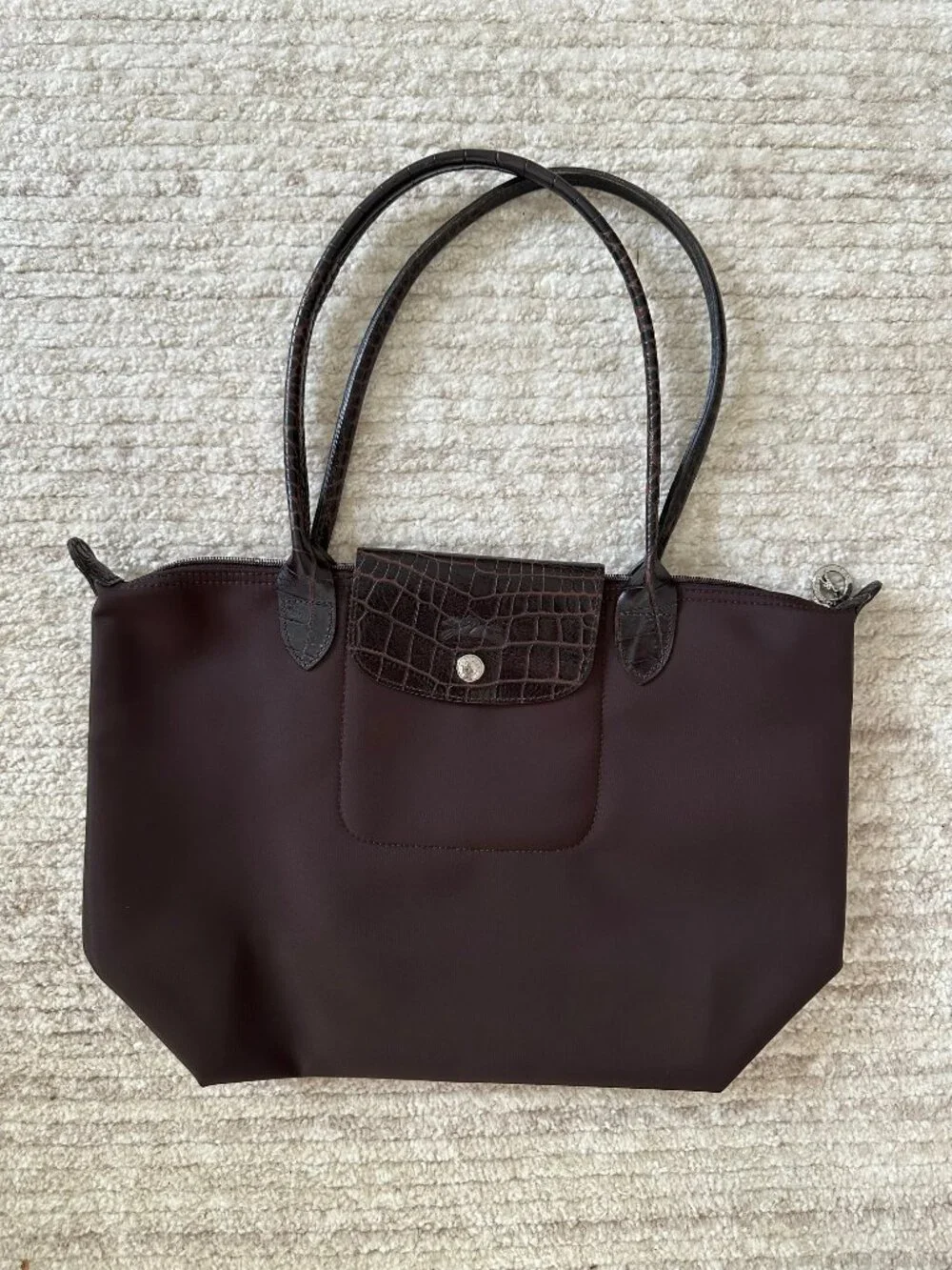 Longchamp Le Pliage Medium Tote – Brown with Croc Embossed Flap - Picture 2 of 5